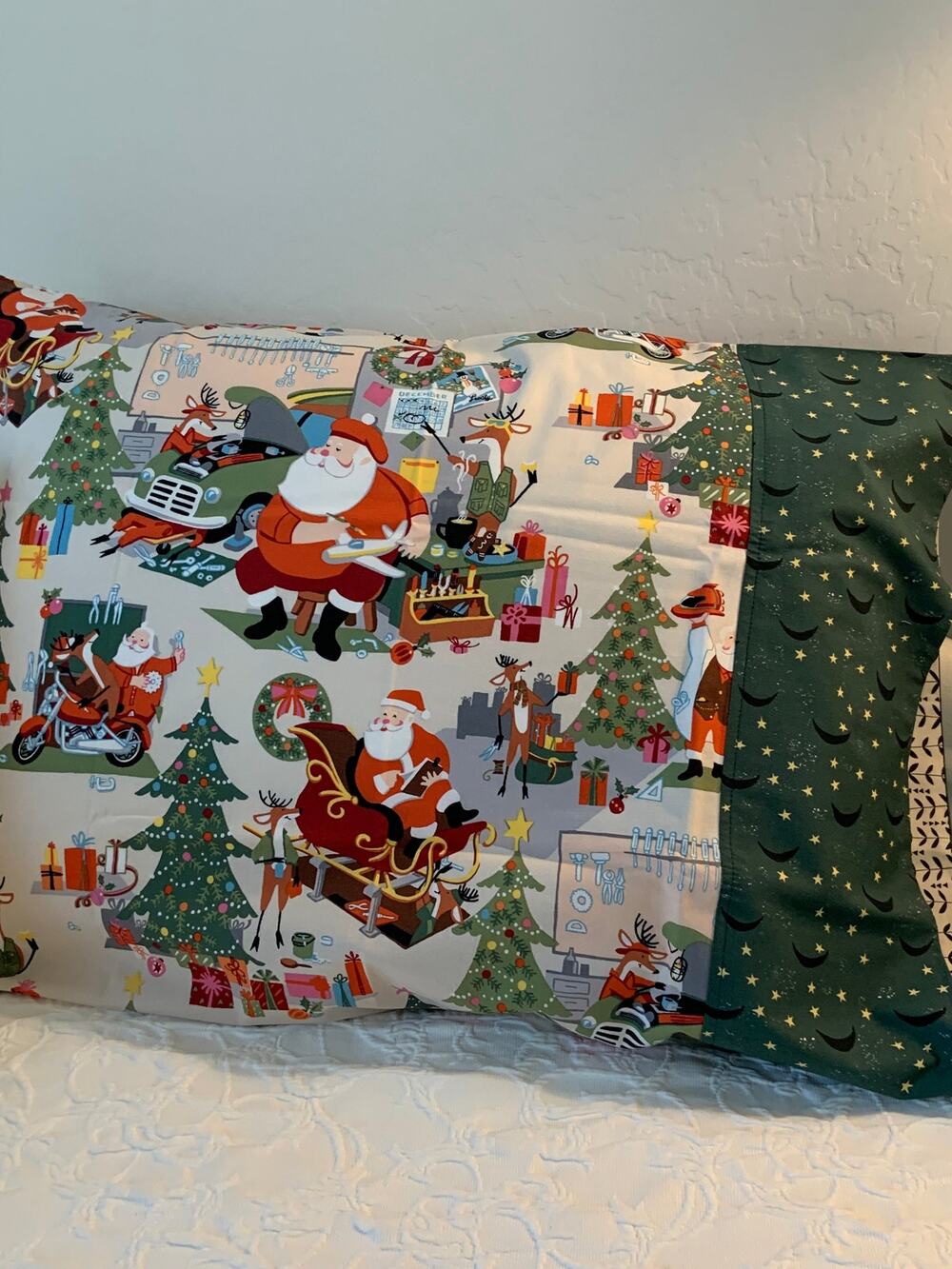 Handmade Santa's Garage Pillowcases, Alexander Henry Quilting Cotton